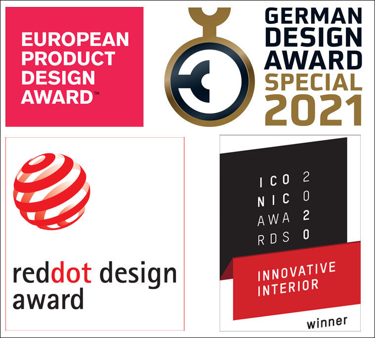 Logo und Text der European Product Design Award, German Design Award Special 2021, Red Dot Award, und Iconic Awards 2020.