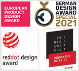 Logo und Text der European Product Design Award, German Design Award Special 2021, Red Dot Award, und Iconic Awards 2020.