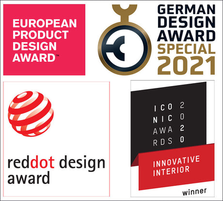 Logo und Text der European Product Design Award, German Design Award Special 2021, Red Dot Award, und Iconic Awards 2020.