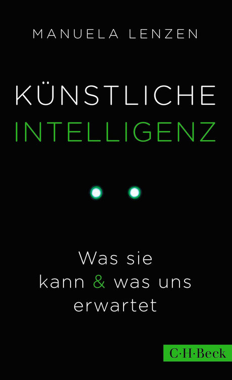 Buchcover mit schwarzem Hintergrund, Titel "Künstliche Intelligenz" in weißen und grünen Buchstaben, zwei leuchtende Punkte