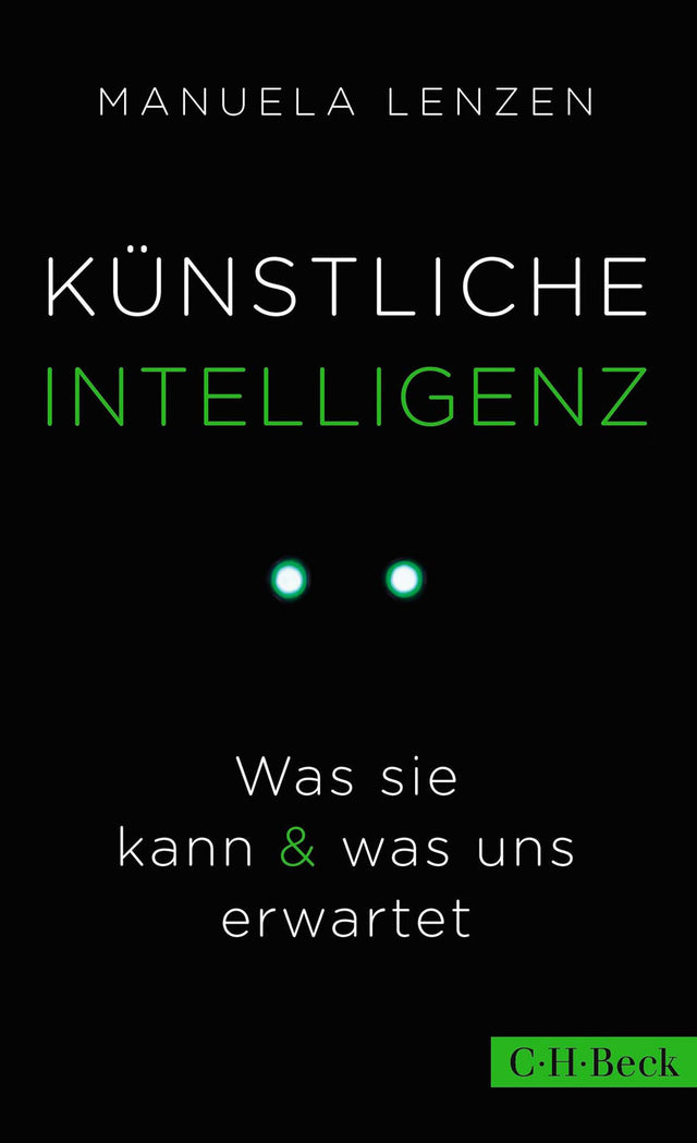 Buchcover mit schwarzem Hintergrund, Titel "Künstliche Intelligenz" in weißen und grünen Buchstaben, zwei leuchtende Punkte