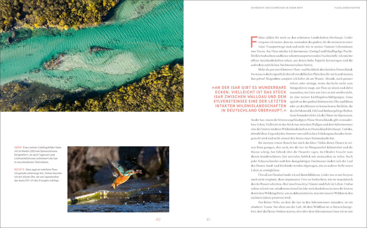 Luftaufnahme eines Flusses mit grün-blauem Wasser, umgeben von Wald.