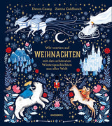 Weihnachtskarte mit Rentieren, Schneeflocken, Winterlandschaft, einem Schloss, einem Schneemann, einem Engel
