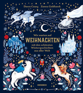 Weihnachtskarte mit Rentieren, Schneeflocken, Winterlandschaft, einem Schloss, einem Schneemann, einem Engel