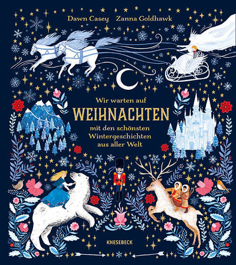 Weihnachtskarte mit Rentieren, Schneeflocken, Winterlandschaft, einem Schloss, einem Schneemann, einem Engel