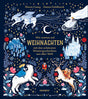 Weihnachtskarte mit Rentieren, Schneeflocken, Winterlandschaft, einem Schloss, einem Schneemann, einem Engel