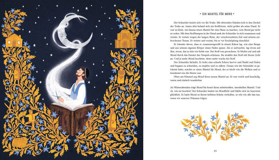 Mädchen liest unter einem Mond, umgeben von goldenen und blauen Blumen, mit Sternen und einer schützenden Mantel.