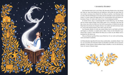 Mädchen liest unter einem Mond, umgeben von goldenen und blauen Blumen, mit Sternen und einer schützenden Mantel.