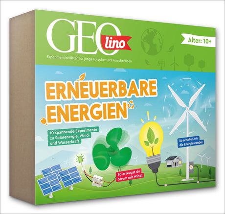 Box mit Experimentierkasten "Erneuerbare Energien" für Kinder ab 10 Jahren, mit Solar-, Wind- und Wasserkraft-Experimenten.