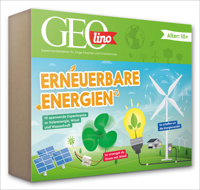 Box mit Experimentierkasten "Erneuerbare Energien" für Kinder ab 10 Jahren, mit Solar-, Wind- und Wasserkraft-Experimenten.