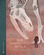 Illustration eines Dinosaurierschädels und eines Menschen mit Spitzhacke vor einem großen Dinosaurier.