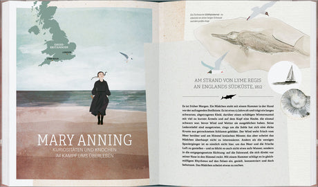 Illustration eines Buchs mit einer Frau am Strand, Vögeln, einem Fischsaurier, einem Segelboot, Muscheln und Text über Lyme Regis.