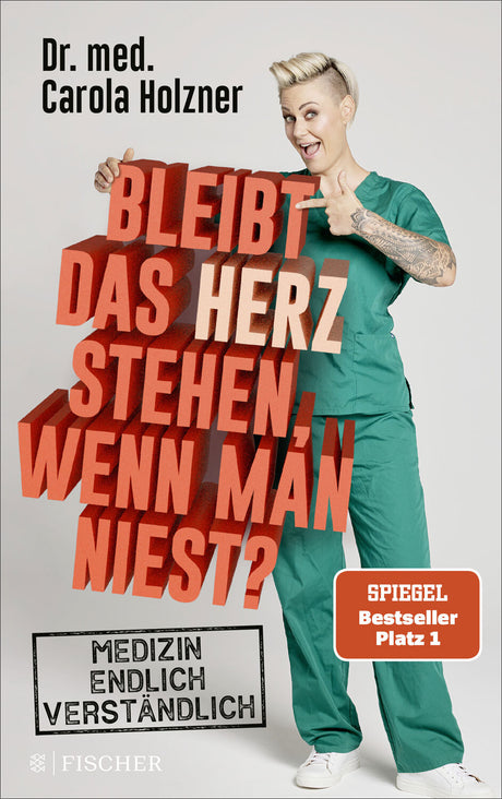 Frau in grüner medizinischer Kleidung hält ein 3D-Textschild mit der Aufschrift "Bleibt das Herz stehen, wenn man nicht?"