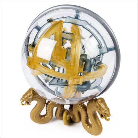 Kugel mit mechanischen Komponenten und goldenen Schlangen-Designs als Standfuß.