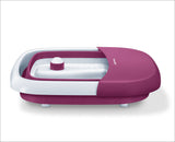 Elektrischer Dampfgarer in Weiß und Magenta mit Deckel und Einstellknopf.