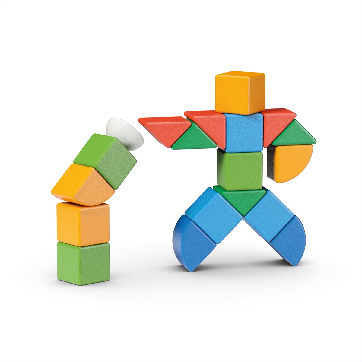 Bunte Bauklötze in Form eines Menschen, der eine Hand nach einem Turm aus Bauklötzen streckt.
