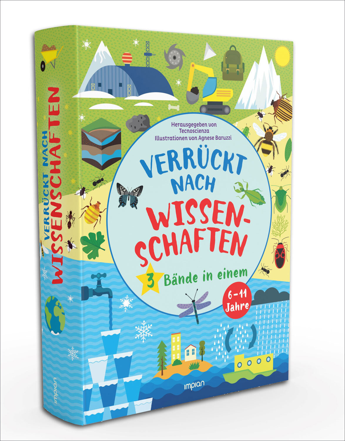 Buchcover mit bunten Illustrationen von Tieren, Natur, Bauarbeiten und Wasser für Kinder 6-11 Jahre.
