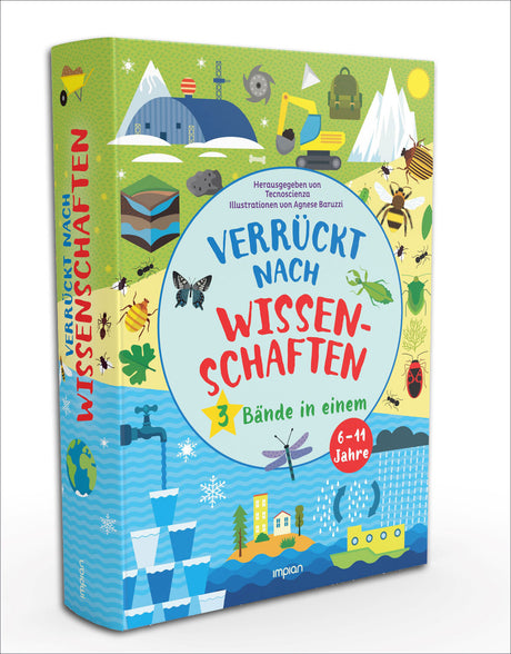 Buchcover mit bunten Illustrationen von Tieren, Natur, Bauarbeiten und Wasser für Kinder 6-11 Jahre.
