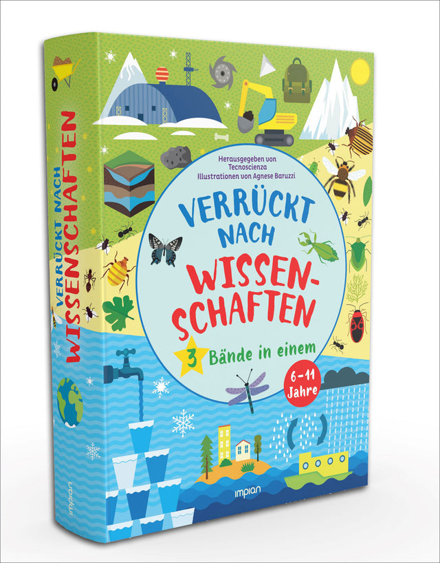 Buchcover mit bunten Illustrationen von Tieren, Natur, Bauarbeiten und Wasser für Kinder 6-11 Jahre.