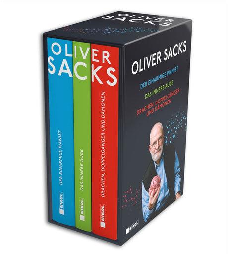 Drei Bücher im Schuber, Titel: "Oliver Sacks" und Untertitel zu neurologischen Themen, mit Bild eines älteren Mannes.