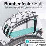 Fahrradtasche mit verstärktem Boden, 4-fach Hochleistungs-Klett, auf Fahrradträger montiert.