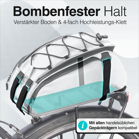 Fahrradtasche mit verstärktem Boden, 4-fach Hochleistungs-Klett, auf Fahrradträger montiert.