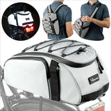 Fahrradtasche mit Befestigungsschlaufen, auf einem Fahrrad montiert, und zwei Männer mit Rucksack.