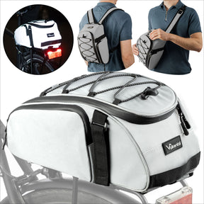 Fahrradtasche mit Befestigungsschlaufen, auf einem Fahrrad montiert, und zwei Männer mit Rucksack.