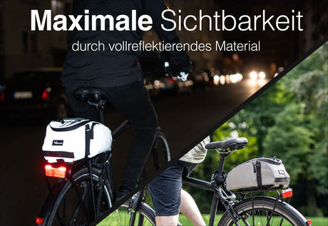 Text auf dem Bild: "Maximale Sichtbarkeit durch vollreflektierendes Material" mit einem Fahrrad bei Nacht und bei Tag.