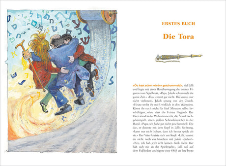 Drei Kinder umarmen sich auf einem bunten, spiralförmigen Spielplatz mit fallenden Buchstaben.