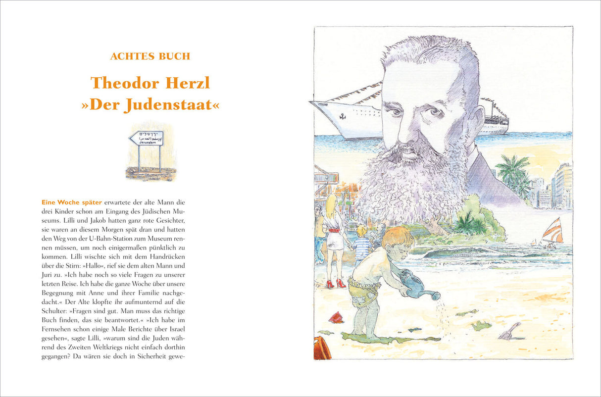 Illustration eines Mannes mit großem Kopf im Hintergrund, Kinder am Strand, Segelboot und Palmen.