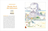 Illustration eines Mannes mit großem Kopf im Hintergrund, Kinder am Strand, Segelboot und Palmen.