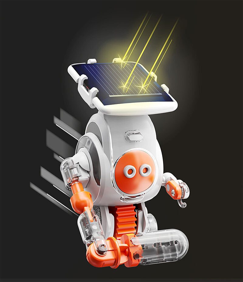 Ein Roboter mit Solarzellen auf dem Kopf, orangefarbenem Gesicht und transparenten Armen und Beinen.