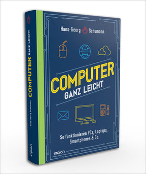 Buchcover mit blauer Hintergrundfarbe, Titel "Computer ganz leicht" in gelb und weiß, Icons von Maus, Weltkugel, Cloud, E-Mail