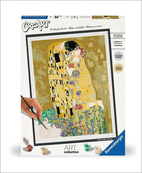 Puzzle-Set mit Gustav Klimts "Der Kuss" in Gold- und Silbertönen, mit Pinsel und Farbkästchen.