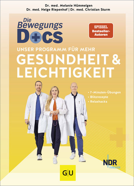 Buchcover mit drei Ärzten in weißen Kitteln, Titel "Die Bewegungs-D+CS", Programm für Gesundheit und Leichtigkeit, Autoren, Logos.
