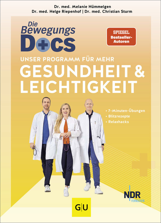 Buchcover mit drei Ärzten in weißen Kitteln, Titel "Die Bewegungs-D+CS", Programm für Gesundheit und Leichtigkeit, Autoren, Logos.