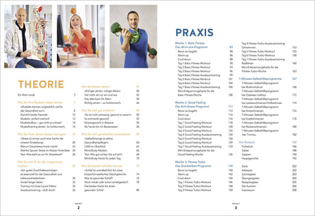 Seiten eines Gesundheits- und Fitnessratgebers mit Bildern von einem Arzt, einer lachenden Frau und einem Mann mit Brokkoli.