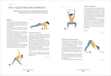 Illustrationen von Yoga-Übungen: Dreieck, Walking Push-Up, Sumokniebeuge, herabschauender Hund.