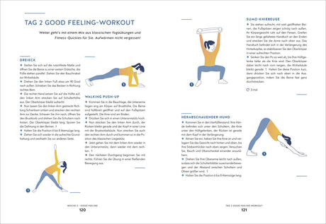 Illustrationen von Yoga-Übungen: Dreieck, Walking Push-Up, Sumokniebeuge, herabschauender Hund.