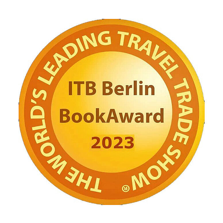 Goldene Medaille mit Text: "ITB Berlin BookAward 2023" und "The world's leading travel trade show".