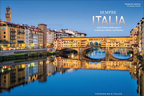Stadtansicht von Florenz mit Ponte Vecchio bei Sonnenuntergang, reflektiert im Fluss Arno.