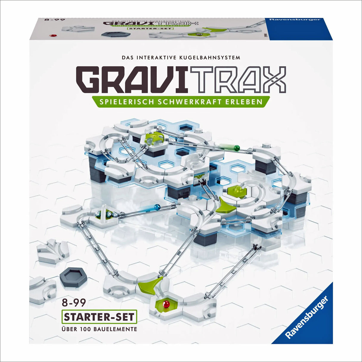 Buchcover des Ravensburger GrauTrax-Startet mit weißen, blauen und grünen Elementen, interaktives Kugelbahnsystem für 8-99-Jährige