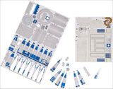 Star Wars Modellbausatz mit blauen und weißen Teilen, Bauanleitung und Klebstoff.