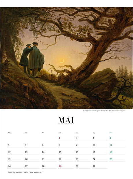 Zwei Männer unter einem großen, knorrigen Baum bei Sonnenuntergang, mit Mond im Himmel, im Hintergrund eine Waldlandschaft.