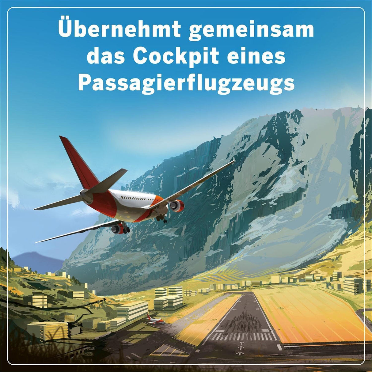 Ein Passagierflugzeug fliegt über eine Berglandschaft mit Start- und Landebahn im Vordergrund.