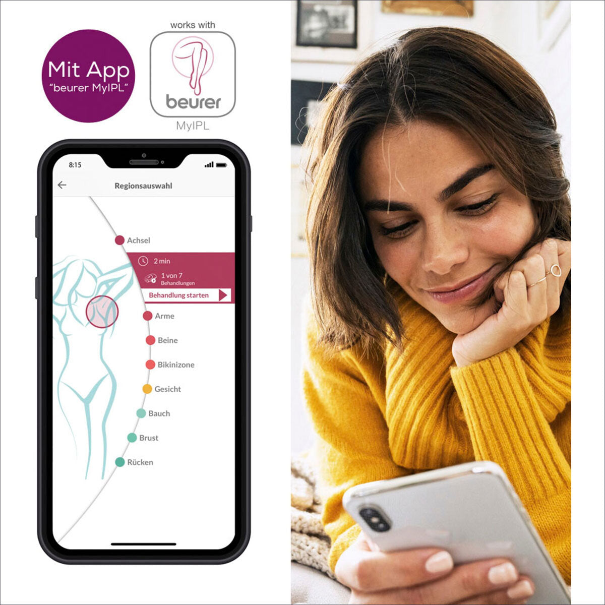 Frau in gelbem Pullover schaut auf Smartphone, neben einem Bildschirm mit einer App zur Hautbehandlung und Körperregionen.