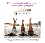 Drei Menschen liegen am Strand mit gestreckten Beinen, Blick nach oben, im Sonnenlicht.