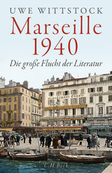Stadtansicht von Marseille 1940 mit Menschen, Gebäuden, Hafen und Booten am Wasser.