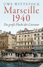 Stadtansicht von Marseille 1940 mit Menschen, Gebäuden, Hafen und Booten am Wasser.
